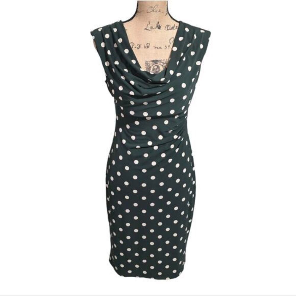 Connected Apparel Green Ivory Polka Dot Stretch Sheath Drape Neck Dress Size 10